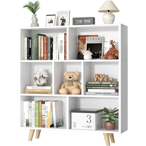 Shintenchi Cube Storage Organizer, 3 Tier Mid-Century Bookcase with Legs Cubeicals Retro Wood Organizer Storage Bookcase, Freestanding Open Book Shelves for Bedroom,Living Room,Office(White)