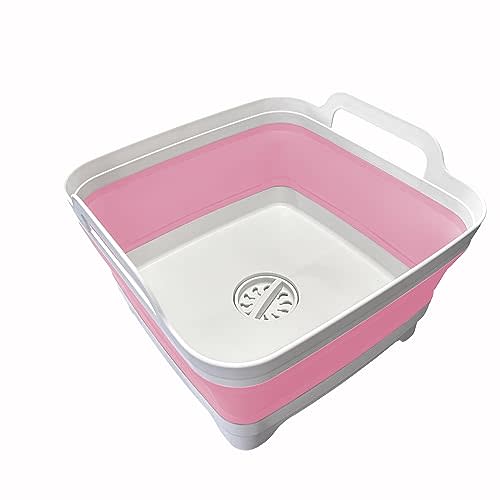 Leemeimei 9L (2.4Gal Dish Basin Collapsible with Drain Plug Carry Handles , Space Saveing Kitchen Storage Tray Dish Wash Basin, Portable Dish Tub for Camping ,RV,Pink
