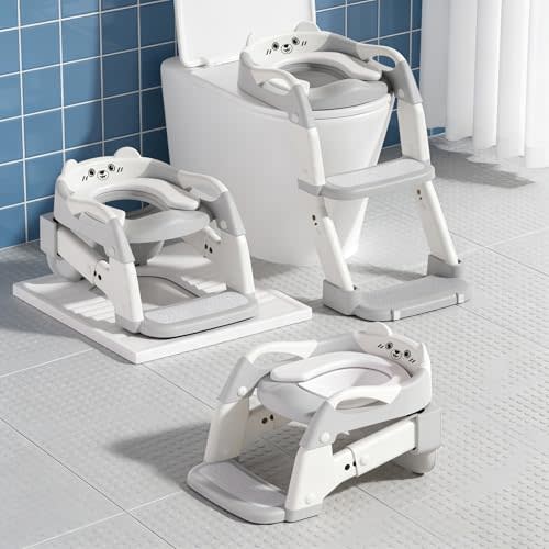 Potty Chair, potty training toilet seat with step stool ladder for Kids and Toddler Boys Girls - Kids Potty Training Soft Padded Seat (Grey+White)