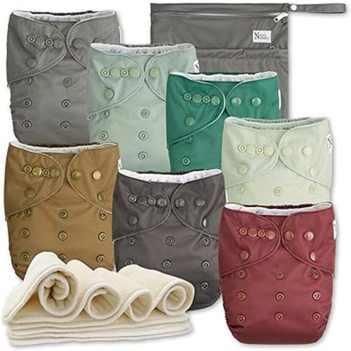 Nora's Nursery Cloth Diapers 7 Pack with 7 Inserts & 1 Wet Bag - Waterproof Cover, Washable, Reusable & One Size Adjustable Pocket Diapers for Newborns and Toddlers - Hickory