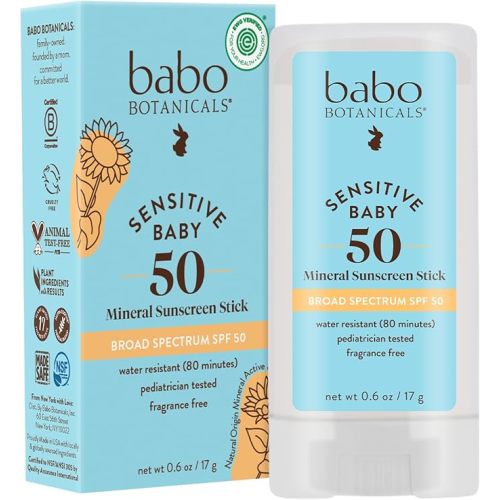 Babo Botanicals Sensitive Baby Mineral Sunscreen Stick SPF 50 - 70% Organic Ingredients - Zinc Oxide - NSF & MADE SAFE and EWG Certified - Water Resistant - Fragrance-Free - Babies & Kids