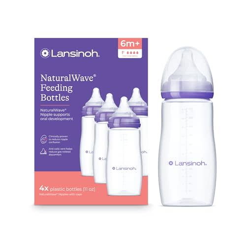 Lansinoh Anti-Colic Baby Bottles for Breastfeeding Babies, 11 Ounces, 4 Count, with 4 Fast Flow Nipples, Size F