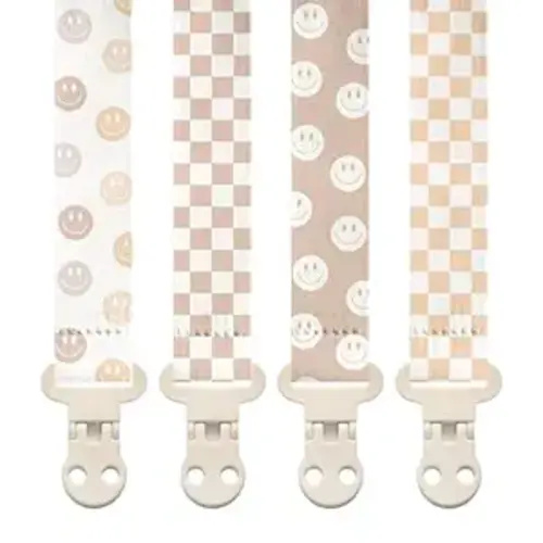 Stadela Baby Pacifier Clip Holder - Girl or Boy Unisex 4 Pack Gift Set - Retro Checker and Smiley Faces Design