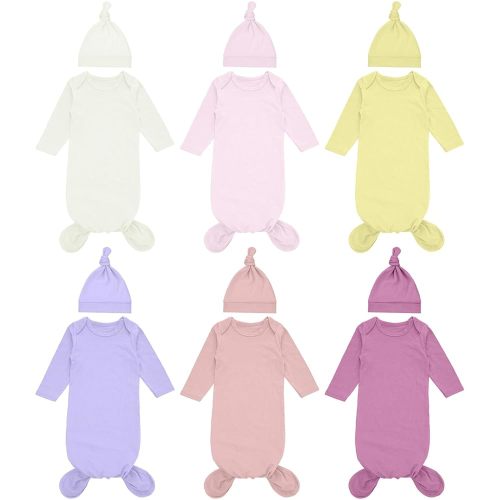 Cuffbow 6 Packs Newborn Baby Knotted Gowns Set 0-6 Months Cotton Sleeper Long Sleeve Nightgown Hat Set for Infant