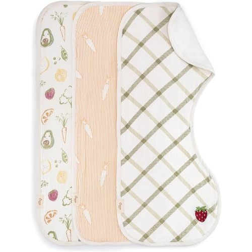 Crane Baby Clementine Cotton Muslin Burp Cloth Set of 3, Fruits & Veggie Print, Baby Boy & Girl Burp Cloths, Absorbent 100% Cotton Muslin & Terry Cloth, Soft Burping Cloths for Newborn