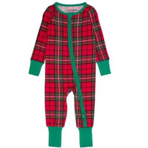 RuffleButts SoftSnooze Gender Inclusive Holiday Convertible One Piece Pajamas - Red Nicholas Plaid, 3-6m