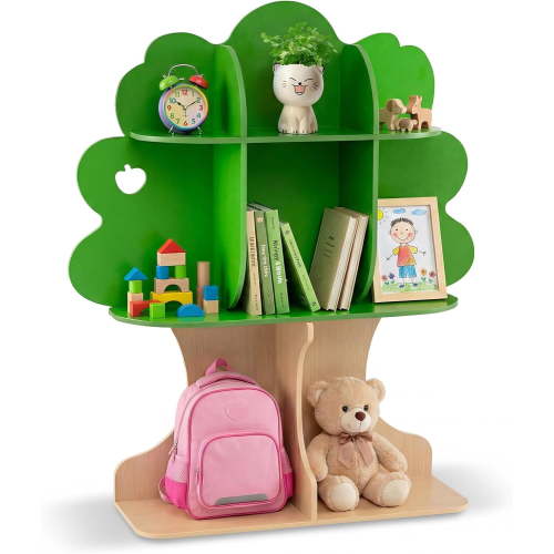 OLAKIDS Tree Bookshelf for Kids, 3-Tier Montessori Bookcase, Space-Saving Freestanding Storage Organizer for Books Toys, Wooden Book Shelf for Toddlers 3+ Years