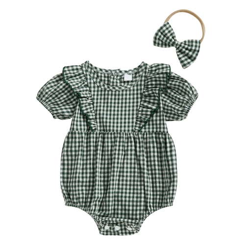 Edvintorg 0-18 Months Newborn Girl Outfits New Fashion Plaid Casual Short Sleeve Baby Romper and Bow Headband Sets Summer Infant Girls Clothes