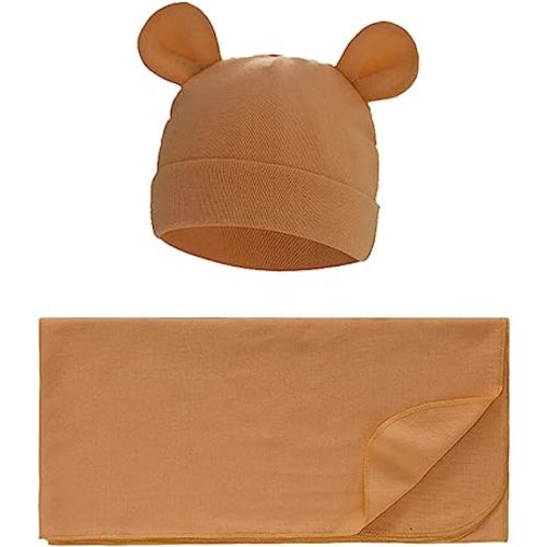 Unisex Baby Swaddle Blanket with Hat Set Newborn Swaddle Receiving Blankets Sleep Sack for 0-3 Months Boys Girls(Camel)