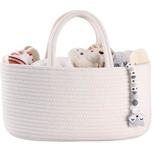 XUANGUO Cotton Rope Baby Diaper Caddy Organizer Basket with Handles White
