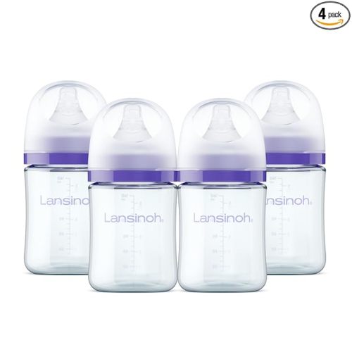 Lansinoh Anti-Colic Glass Baby Bottles, 5 Ounces, 4 Count Bottles for Feeding, Baby Essentials, Includes 4 Slow Flow Nipples, Size S