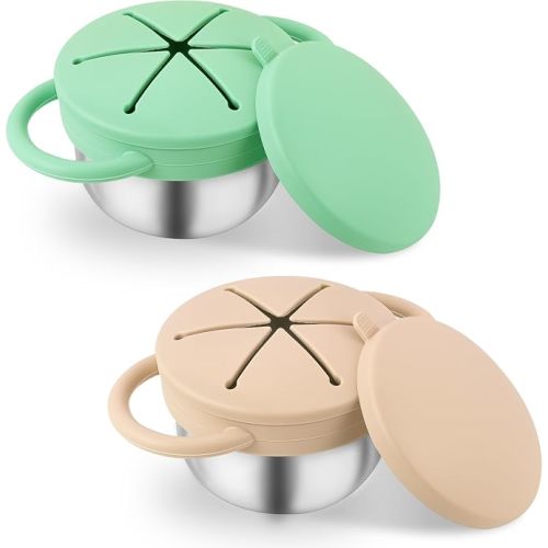Mintlyfe Stainless Steel Snack Containers with Lids, Snack cups with Silicone Food Catcher for Toddlers (Color 2)