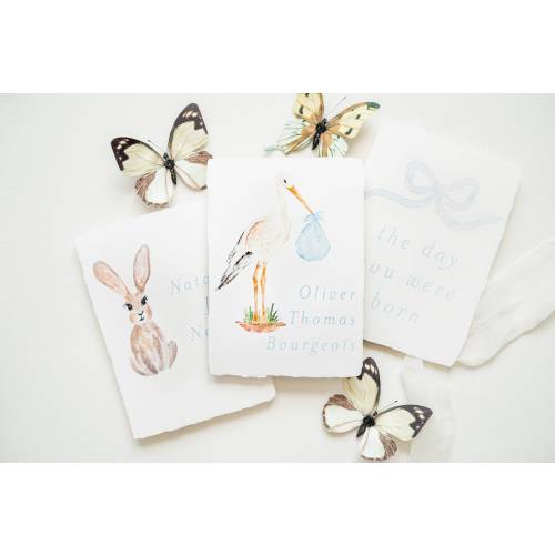 Personalized Baby Welcome Card: Handmade Paper, Bow/Stork/Bunny Design