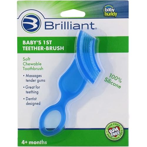 Brilliant Oral Care Baby’s First Toothbrush, Smooth Silicone Bristles Gently Clean Tender Teeth and Gums, for Ages 4+ Months, Blue, 1 Pack