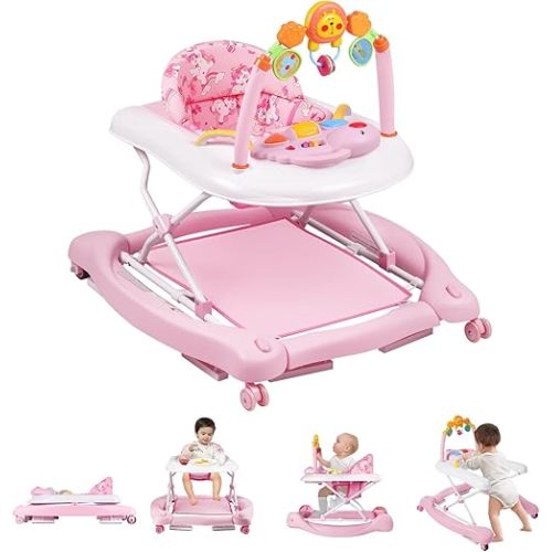 Baby Walker, 5 in 1 Baby Walkers for Boys Girls 6-12 Months, Foldable Walkers for Babies with Bouncer & Feeding Tray, Music, Adjustable Heights, Activity Walker for Infant