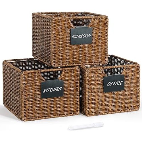 Brown Wicker Storage Baskets with Labels, Storage Baskets for Shelves, Pantry Baskets Organization,Kitchen Storage Baskets, Foldable Handwoven Storage Basket for Bathroom