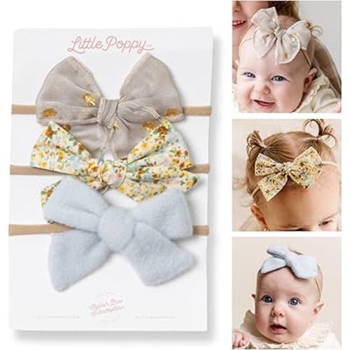 Little Poppy Co. Three Hair Bows Set - Stylish Handmade Accessories for Newborns,Babies and Toddlers | Premium Quality Headbands