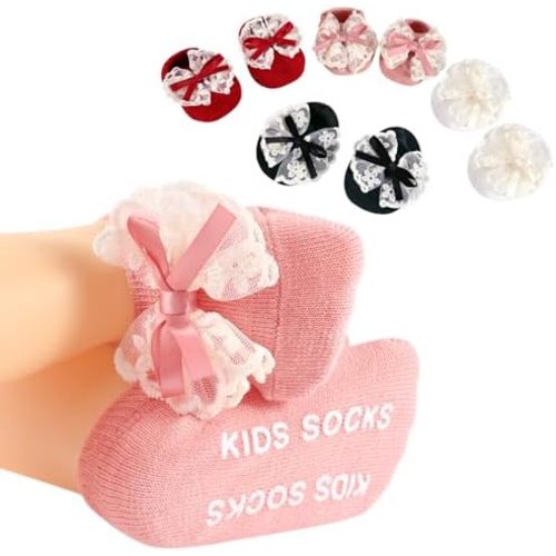 SAOROPEB Baby Socks with Non-Slip Grips, 4 Pairs Low Cut Ankle Socks for Baby Girls Newborn Infant 0-12 Months