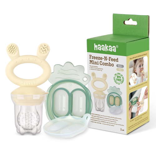 Haakaa Freeze-N-Feed Mini Combo with Silicone Food Feeder & Silicone Mini Nibble Tray|Baby Solid Food Self Feeder|Breastmilk Popsicle Mold Storage & Feeder for Soothing Baby Gums 1 PK (Oat)