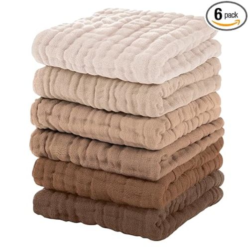 Unnivoll Muslin Burp Cloths Baby 12''X12'', Baby Washcloths 6 Pack, 100% Cotton Baby Wash Cloths Absorbent and Soft for Newborn Infants Kids Boys Girls - Gradient Brown