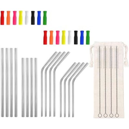Lazycorner 16 Pcs Short Metal Straw, 6mm 5.5" 6.5" Kids Reusable Straw Silicone Tips Cleaner, Mini Small Stainless Steel Straws Fit 8 10 12 oz Tumbler/Wine Tumblers, Reusable Cocktail Straws(Silver)