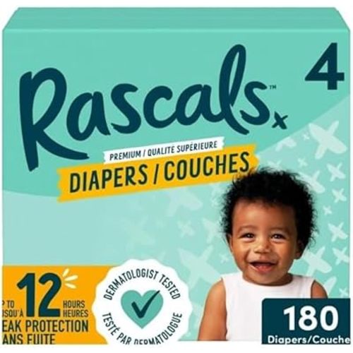 Rascals Premium Disposable Baby Diapers Size 4, Mega Pack (180 Count) – Ultra Soft, Hypoallergenic, Leak Protection & Fast-Dry Comfort for Sensitive Skin