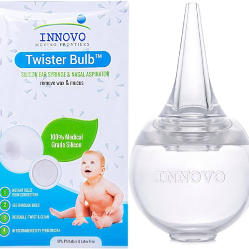 Innovo FSA/HSA Eligible Hospital Grade Silicone Twister Bulb Baby Ear Syringe and Nasal Aspirator, Sucks Snot and Mucus, Cleanable and Reusable, Clear