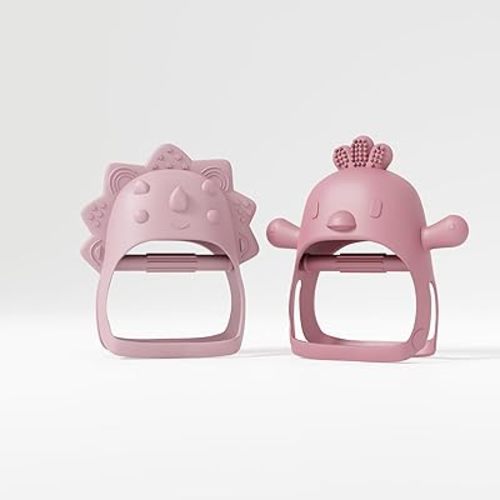 Baby Teether Pack of 2 Wearable teether Pink Pacifier Teether Toy - Little Chick Teether Mini Dino Teether - Rose Pink Teether and Turkish Pink by Muqee Peeko