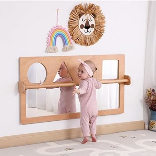 Baby Early Learning Shatter-Resistant Safety Mirrors w/Pull Up Bar, Infants Exploration Set, Toddlers Montessori Classroom Furniture for Daycare, Preschool and Nursery (Natural, Standard)