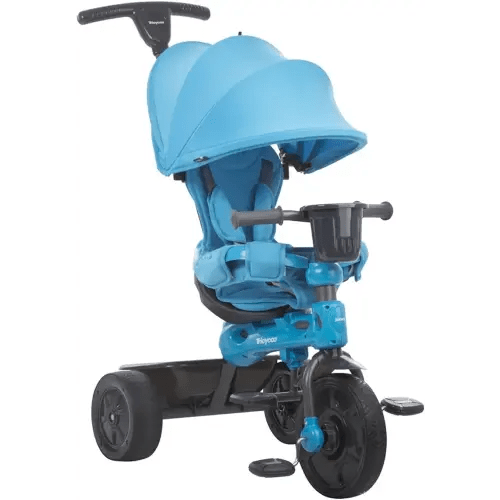 Joovy Tricycoo 4.1 Kids Tricycle with 4-Stages Featuring Extra-Wide Front Tire, Removable and Adjustable Parent Handle, Safety Harness, Machine-Washable Seat Pad, and Retractable Canopy (Blue)