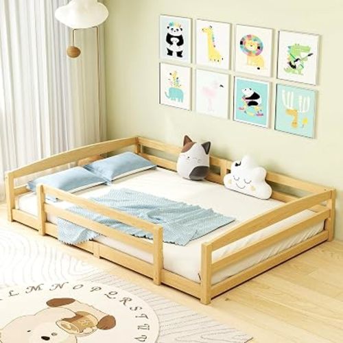 Full Montessori Floor Bed for Kids,Wood Floor Bed Frame with Rails