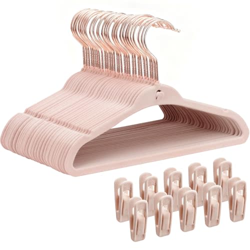 Baby Velvet Hangers 30 Pack, 11" Premium Felt Kids Hanger with 10 Clips, Slim 0.2" Non-Slip Stackable Design & 360° Swivel Hook, Space-Saving Toddler Clothes Hangers for Nursery Closet, Pink