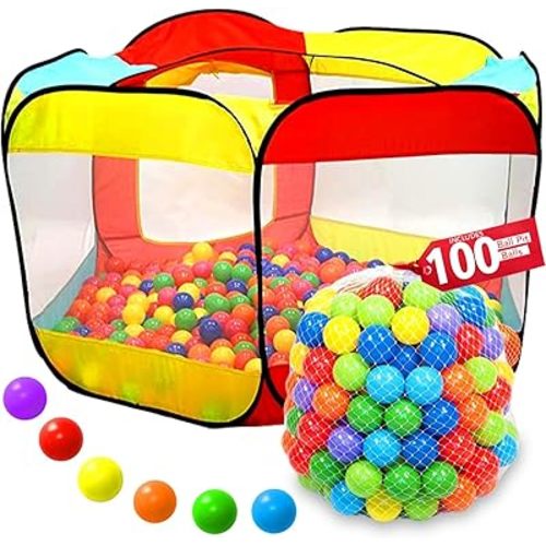 Kids Play Tent with 100 Balls – Extra Large 56″x50″ Pop-Up Ball Pit – Indoor/Outdoor Playhouse with Mesh Windows & Carry Bag