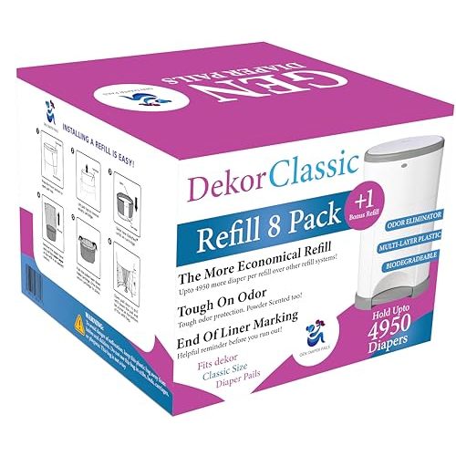 Pack of 8 +1 More Diaper Refill Liners Refills Compatible with DEKOR CLASSIC Diaper Pails Exclusive 30% Extra Thickness Diaper Pail Refills with Powerful Odor Elimination Leakage-proof, Powder Scent