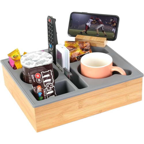 Hitseon Couch Cup Holder Tray, Handy Silicone Bamboo Couch Caddy with Rotatable Phone Holder for Bed Car Seat Organizer, Waterproof Anti-spill Sofa Cup Holder for Snacks Beverage Remote (Gray)