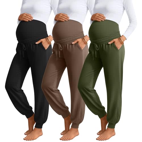 3 Pack Womens Maternity Pants Loose Pregnancy Joggers | Over The Belly Pregnancy Sweatpants, Lounge Maternity Pajama Clothes, Comfy Pregnancy Pants with Pockets, Workout, Postpartum