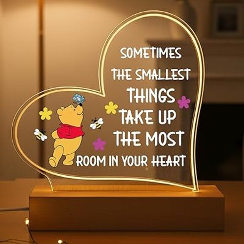 Heart Night Lamp with Pooh Bear, Inspirational Quote Desk Decor, Cute Anniversary Birthday Gift for Her, Romantic Room Light