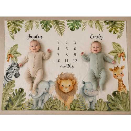 Twin Baby Milestone Blanket, Personalized Baby Name Blanket for Twins, Custom Nursery Fleece Blanket, Baby Shower Gift for Newborn Twins