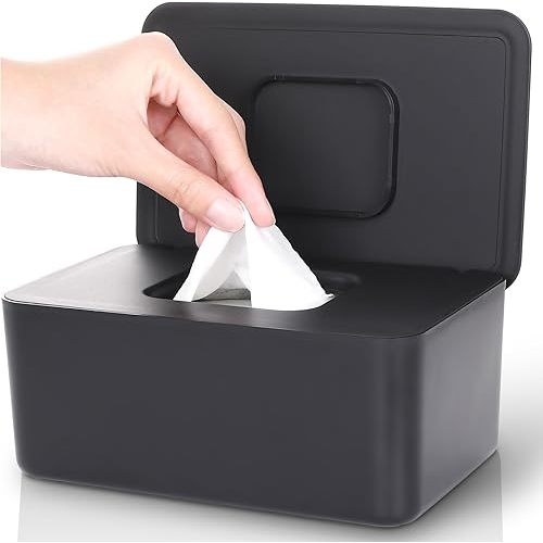 Baby Wipes Dispenser & Wipes Holder - Non-Slip Refillable Baby Wipes Container with Sealing Lid, Keeps Wipes Fresh, Portable Wipes Case for Travel & Home (Black)