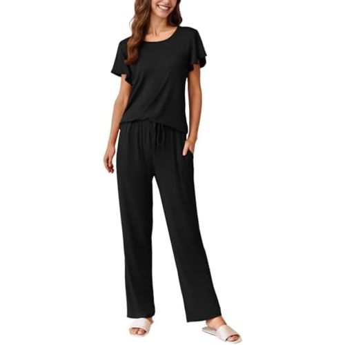 Ekouaer 2 Pack Womens Pajama Sets Short Sleeve with Long Pajama Pant Set Soft Sleepwear Printed Pj Lounge Sets with Pockets