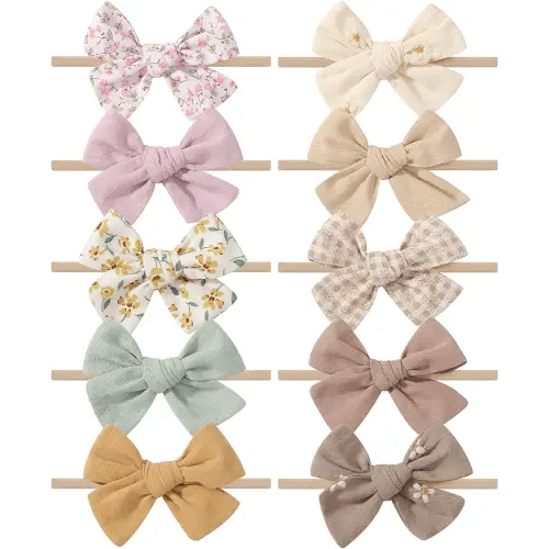 doboi 10PCS Baby Girls Headbands Hair Bows Nylon Cotton Linen Hairbands Fine Handmade Hair Accessories for Newborn Infant Toddlers Little Girls-Embroidered Flower