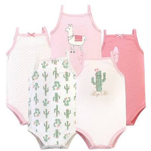 Hudson Baby Infant Girl Cotton Sleeveless Bodysuits 5pk, Pink Cactus, 0-3 Months