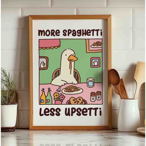Duck eating spaghetti poster, more spaghetti less upsetti, retro diner poster, pasta foodie art print, italian kitchen trendy art print,