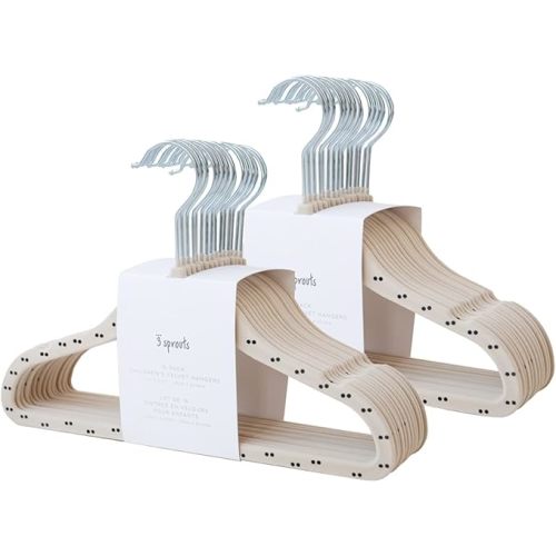 3 Sprouts Velvet Baby Hangers - Non-Slip Hangers for Infant and Toddler Clothes - Slim Space-Saving Design with Nordic Colors for Nursery - 30 Pack - Double Dot & Beige