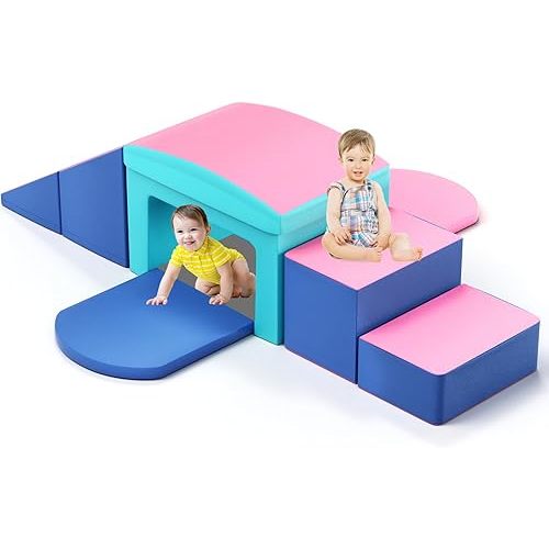 SURPCOS Foam Climbing Blocks for Toddlers - Soft Play Set for Toddlers 1-3 - Climbing Toys - Baby Climbing Gym - Great for All Ages (6 Pc Blue&Pink Blue Soft Play Area Set)