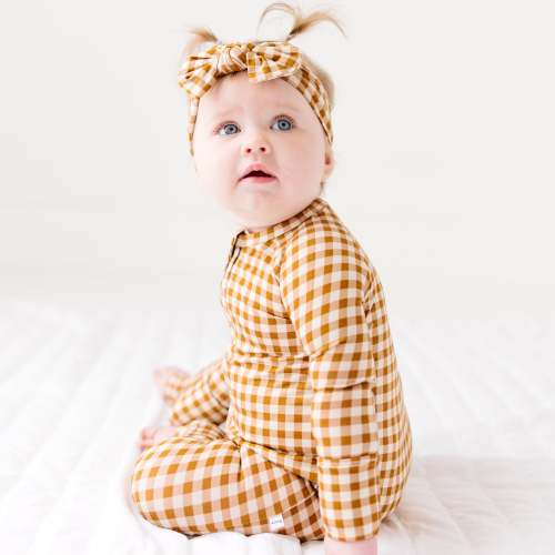 Caramel Small Gingham Zip Romper
