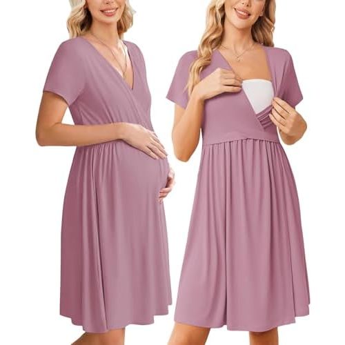 Ekouaer Women 3 in 1 Labor and Delivery Gown Split Front Flap Maternity Hospital Dress Nursing Nightgown for Breastfeeding