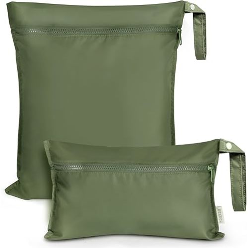 haakaa Waterproof Wet Bags for Baby Wet Dry Bags for Cloth Diaper, Swimsuit & Travel, 2pcs, Olive Green