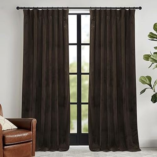 RYB HOME Brown Velvet Curtains 102 inches with Hook Belt, Soft Fabric Room Darkening Thermal Insulated Luxurious Home Decor Curtains for Living Room Bedroom, W 52" x L 102", 2 Panels Set