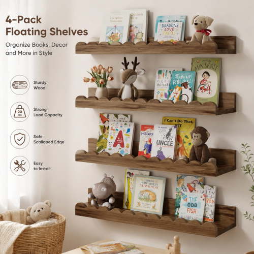 4-Pack Wood Floating Nursery Book Shelves for Kids, Scalloped Wall-Mounted Shelving, Bedroom, Toddler and Baby Room Decor, 16.5 Inch